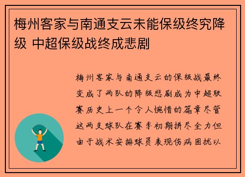 梅州客家与南通支云未能保级终究降级 中超保级战终成悲剧